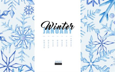 januari kalender 2023, 4k, blå akvarell vinter bakgrund, 2023 vinterkalendrar, akvarell snöflingor, januari 2023 kalender, 2023 koncept, januari, vinter bakgrund