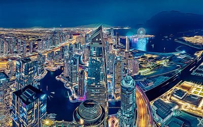 4k, dubái, arte vectorial, puerto deportivo de dubái, rascacielos, arte creativo, noche de dubái, panorama de dubái, paisaje urbano de dubái, emiratos árabes unidos, dibujos de dubái