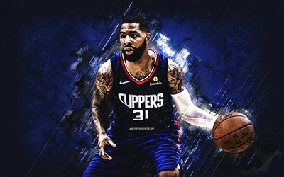 Marcus Morris, Los Angeles Clippers, American basketball player, portrait, blue stone background, NBA, LA Clippers, basketball, USA