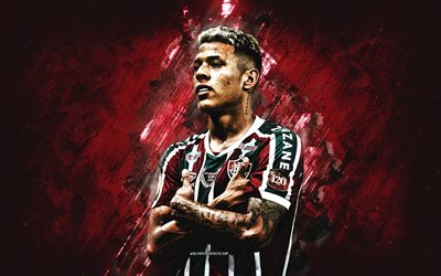 matheus martins, fluminense, porträtt, brasiliansk fotbollsspelare, anfallare, vinröd sten bakgrund, brasilien, fotboll