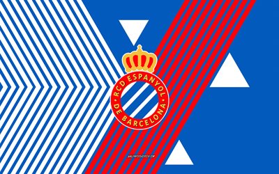 rcd espanyol logotyp, 4k, spanska fotbollslaget, blå vita linjer bakgrund, rcd espanyol, la liga, spanien, linjekonst, rcd espanyol emblem, fotboll, espanyol fc
