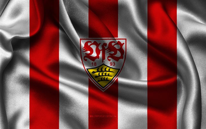 4k, logotipo do vfb stuttgart, tecido de seda branco vermelho, time de futebol alemão, emblema do vfb stuttgart, bundesliga, vfb stuttgart, alemanha, futebol, bandeira do vfb stuttgart, estugarda fc