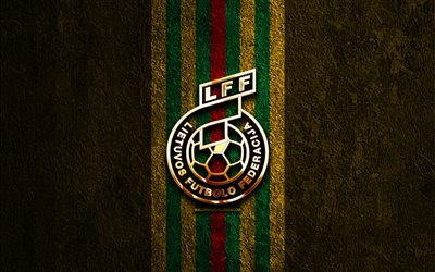 logo doré de l'équipe nationale de football de lituanie, 4k, fond de pierre jaune, uefa, équipes nationales, logo de l'équipe nationale de football de lituanie, football, équipe de lituanie de football