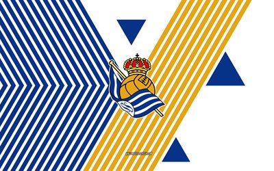 real sociedad logotyp, 4k, spanska fotbollslaget, blå vita linjer bakgrund, real sociedad, la liga, spanien, linjekonst, riktigt sociedad emblem, fotboll