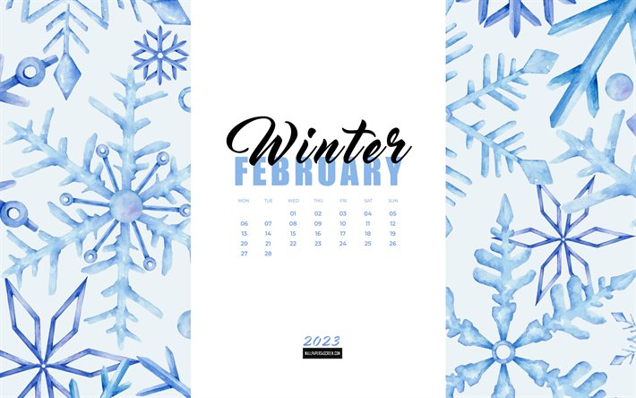 calendrier février 2023, 4k, fond d'hiver aquarelle bleu, calendriers d'hiver 2023, flocons de neige aquarelles, concepts 2023, février, fond d'hiver