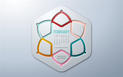 4k, februari 2023 kalender, infografisk konst, februari, kreativ infografikkalender, februari kalender 2023, 2023 koncept, infografiska element