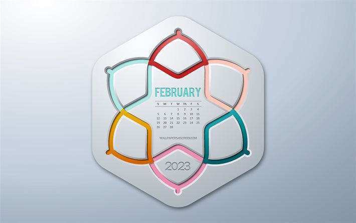 4k, calendario febbraio 2023, arte infografica, febbraio, calendario di infografica creativa, 2023 concetti, elementi infografici
