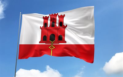 Gibraltar flag on flagpole, 4K, European countries, blue sky, flag of Gibraltar, wavy satin flags, Gibraltar flag, Gibraltar national symbols, flagpole with flags, Day of Gibraltar, Europe, Gibraltar