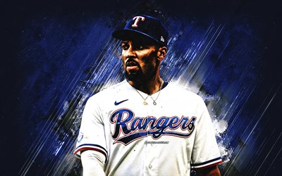 Marcus Semien, Texas Rangers, American baseball player, Major League Baseball, portrait, blue stone background, USA