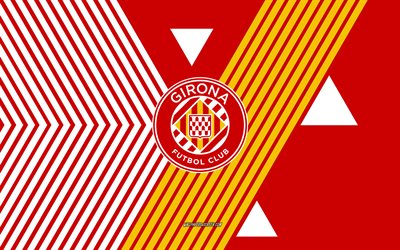escudo del girona fc, 4k, selección española de fútbol, fondo de líneas blancas rojas, girona fc, la liga, españa, arte lineal, fútbol