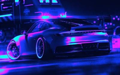 Porsche GT3 911 GT, 4K, Cyberpunk, creative, back view, abstract cars, Porsche GT3 911 GT Cyberpunk, supercars, german cars