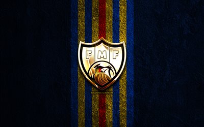 Moldova national football team golden logo, 4k, blue stone background, UEFA, national teams, Moldova national football team logo, soccer, Moldovan football team, football, Moldova national football team