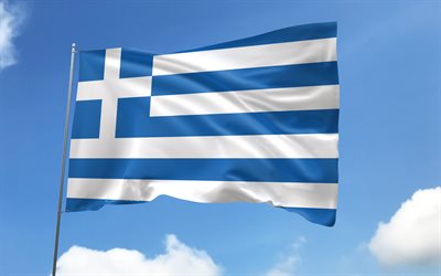 bandeira da grécia no mastro, 4k, países europeus, céu azul, bandeira da grécia, bandeiras de cetim onduladas, bandeira grega, símbolos nacionais gregos, mastro com bandeiras, dia da grécia, europa, grécia