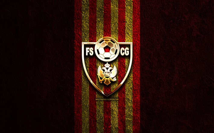 montenegron jalkapallomaajoukkueen kultainen logo, 4k, punainen kivi tausta, uefa, maajoukkueet, montenegron jalkapallomaajoukkueen logo, jalkapallo, montenegron jalkapallomaajoukkue