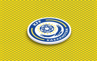 4k, kazakstans fotbollslandslag isometrisk logotyp, 3d konst, isometrisk konst, kazakstans fotbollslandslag, gul bakgrund, kazakstan, fotboll, isometriskt emblem