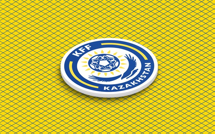 4k, isometrisches logo der kasachischen fußballnationalmannschaft, 3d kunst, isometrische kunst, kasachische fußballnationalmannschaft, gelber hintergrund, kasachstan, fußball, isometrisches emblem