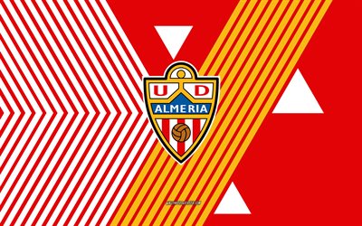 شعار ud almeria, 4k, فريق كرة القدم الاسباني, خطوط بيضاء حمراء الخلفية, ud الميريا, الدوري الاسباني, إسبانيا, فن الخط, كرة القدم, الميريا fc