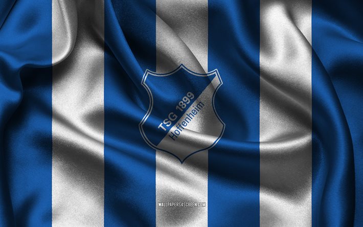 4k, tsg 1899 hoffenheim logotyp, blåvitt sidentyg, tyska fotbollslaget, tsg 1899 hoffenheim emblem, bundesliga, tsg 1899 hoffenheim, tyskland, fotboll, tsg 1899 hoffenheim flagga, hoffenheim fc