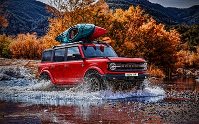 Ford Bronco, 4k, river, 2022 cars, SUVs, offroad, Red Ford Bronco, 2022 Ford Bronco, american cars, Ford