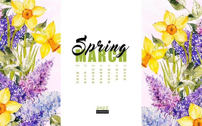 4k, calendrier de mars 2023, fond de printemps aquarelle floral, calendriers de printemps 2023, fleurs aquarelles, calendrier mars 2023, concepts 2023, mars, fond de printemps