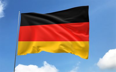 फ्लैगपोल पर जर्मनी का झंडा, 4k, यूरोपीय देश, नीला आकाश, जर्मनी का झंडा, लहरदार साटन झंडे, जर्मन झंडा, जर्मन राष्ट्रीय प्रतीक, झंडे के साथ झंडा, जर्मनी का दिन, यूरोप, जर्मनी