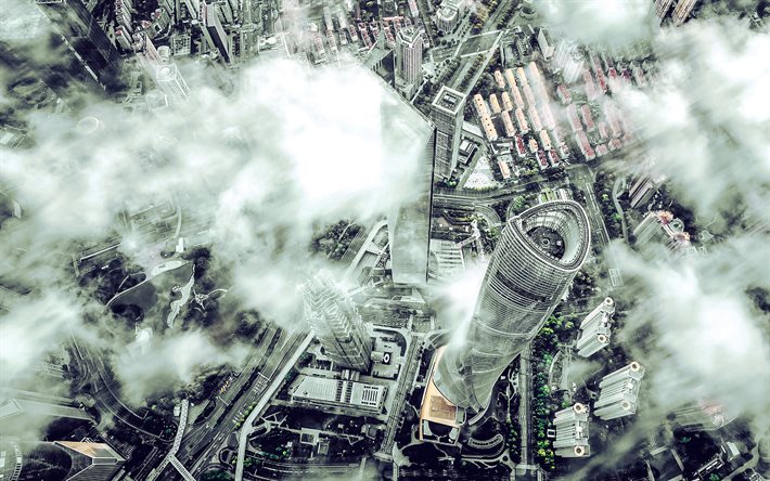 4k, xangai, vista aérea, arranha céus, construções modernas, metrópole, vista do topo, paisagem urbana de xangai, china