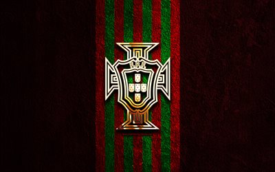 logotipo dorado de la selección de fútbol de portugal, 4k, fondo de piedra roja, uefa, selecciones nacionales, logotipo de la selección de fútbol de portugal, fútbol, selección portuguesa de fútbol, selección de fútbol de portugal