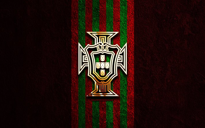 サッカー ポルトガル代表チームのゴールデン ロゴ, 4k, 赤い石の背景, uefa, 代表チーム, サッカー ポルトガル代表チームのロゴ, サッカー, ポルトガルのサッカー チーム, フットボール, サッカー ポルトガル代表