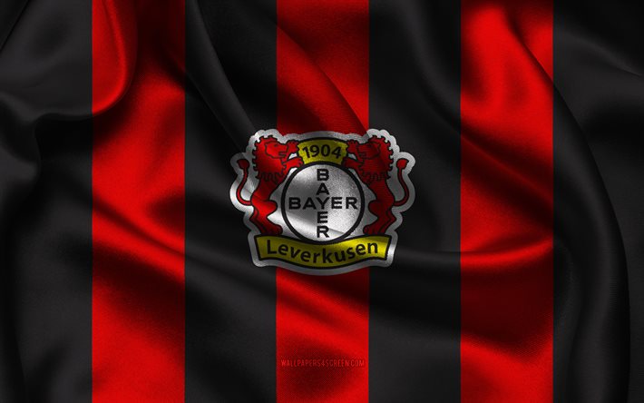 4k, Bayer 04 Leverkusen logo, red black silk fabric, German football team, Bayer 04 Leverkusen emblem, Bundesliga, Bayer 04 Leverkusen, Germany, football, Bayer 04 Leverkusen flag, Bayer
