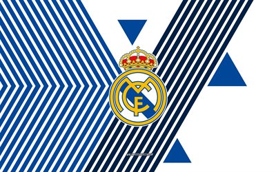 real madridin logo, 4k, espanjan jalkapallojoukkue, taustalla sinisiä valkoisia viivoja, real madrid, la liga, espanja, viivapiirros, real madridin tunnus, jalkapallo, real madrid cf