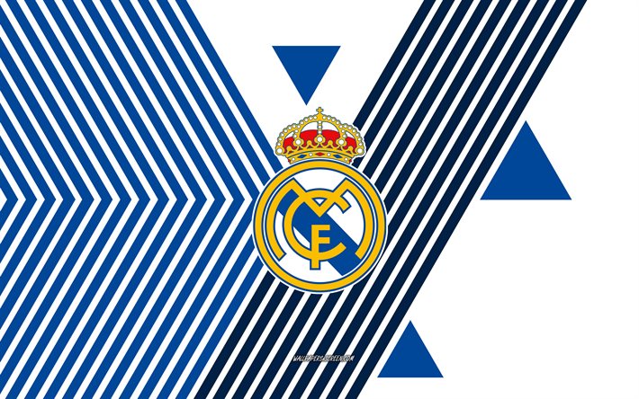 real madrid logosu, 4k, ispanyol futbol takımı, mavi beyaz çizgiler arka plan, real madrid, la liga, ispanya, hat sanatı, real madrid amblemi, futbol, real madrid cf