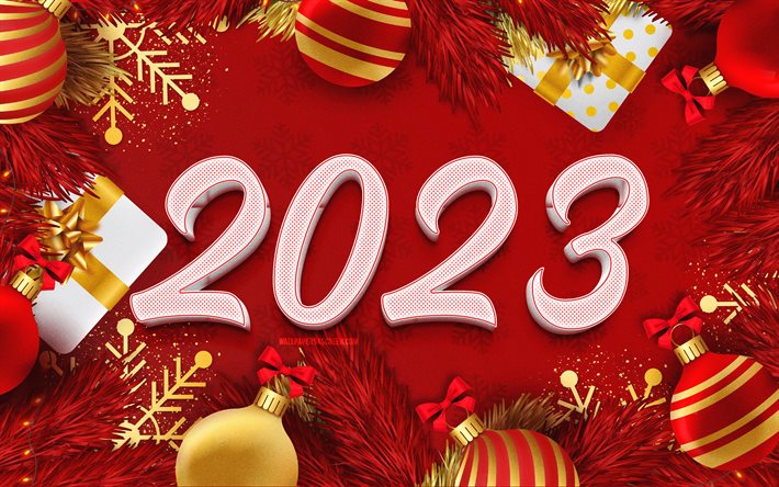 2023 Happy New Year, white 3D digits, 4k, xmas frames, 2023 concepts, xmas decorations, 2023 3D digits, Happy New Year 2023, creative, 2023 white digits, 2023 red background, 2023 year