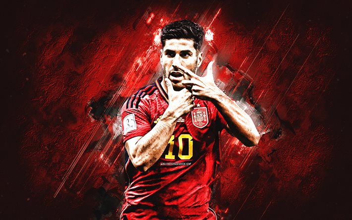 marco asensio, espanjan jalkapallomaajoukkue, muotokuva, espanjalainen jalkapalloilija, keskikenttäpelaaja, punainen kivi tausta, espanja, jalkapallo