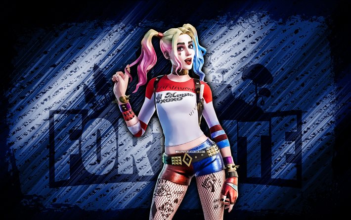 Harley-Quinn Fortnite, 4k, blue diagonal background, grunge art, Fortnite, artwork, Harley-Quinn Skin, Fortnite characters, Harley-Quinn, Fortnite Harley-Quinn Skin