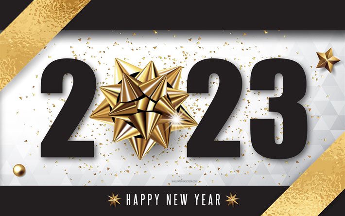 عام جديد سعيد 2023, 4k, القوس الحرير الذهبي, 2023 مفاهيم, 2023 سنة جديدة سعيدة, 2023 خلفية سوداء وذهبية, 2023 بطاقة تهنئة, 2023 قالب أسود
