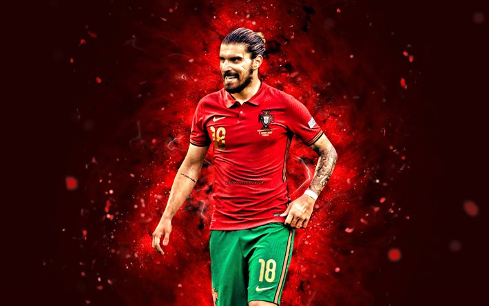 Ruben Neves, 4k, red neon lights, Portugal National Football Team, soccer, footballers, red abstract background, Portuguese football team, Ruben Neves 4K