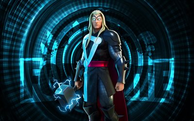 Thor Fortnite, 4k, blue spiral background, Fortnite, creative, Thor Skin, Fortnite Thor Skin, Thor, Fortnite characters