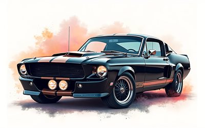1968, ford mustang shelby, 4k, shelby mustang, shelby 500, retro autos, retro ford mustang, amerikanische autos, ford mustang, kunst, ford