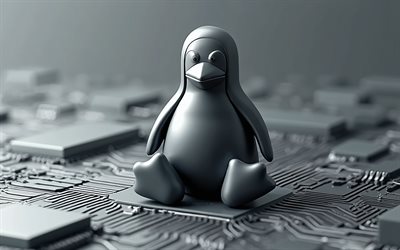 logotipo gris 3d de linux, 4k, logotipo de linux, pingüino linux, fondo gris de la placa base, logotipo del pingüino de linux, emblema de linux, fondo de tecnología gris, linux, logotipo de linux 3d, signo 3d de linux