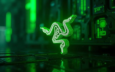 4k, Razer green neon logo, darkness, green hi-tech background, microcircuits, bokeh, conductors, electronics brands, creative, Razer logo on microcircuit, brands, Razer neon logo, artwork, Razer logo, Razer
