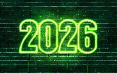 Happy New Year 2026, 4k, green brickwall, 2026 inscription, 2026 concepts, 2026 green neon digits, 2026 Happy New Year, neon art, creative, 2026 green background, 2026 year, 2026 green digits
