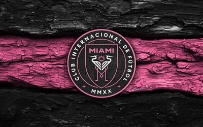 Inter Miami wooden logo, 4k, black pink wooden background, MLS, soccer, Inter Miami logo, football, Inter Miami emblem, Inter Miami CF, Inter Miami, american soccer club, Inter Miami FC