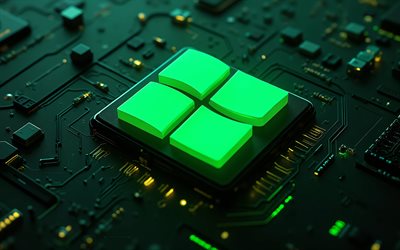 vihreä windows logo, 4k, vihreä emolevyn tausta, windows hehkuva logo, windowsin tunnus, windows merkki, windows logo, windows