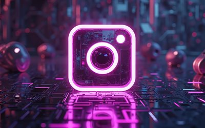 4k, Instagram purple neon logo, digital art, bokeh, social networks, Instagram 3D logo, darkness, Instagram logo, creative, Instagram glowing logo, brands, artwork, Instagram