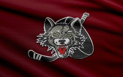 Chicago Wolves fabric logo, 4k, red fabric background, AHL, bokeh, hockey, Chicago Wolves logo, football, Chicago Wolves emblem, american hockey team, Chicago Wolves