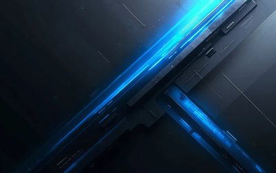 blue black abstract background, 4k, creative, material design, blue neon lights, geometry, abstract backgrounds, geometrical backgrounds, abstractions, black hi-tech backgrounds