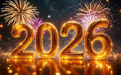 4k, 2026 kultaisia ​​kimaltelevia numeroita, värikäs ilotulitus, yö, onnellista uutta vuotta, bokeh, 2026 konseptit, luova, 2026 3d numerot, 2026 kirjoitus, 2026 kultaista numeroa, 2026 uusi vuosi, 2026 taide