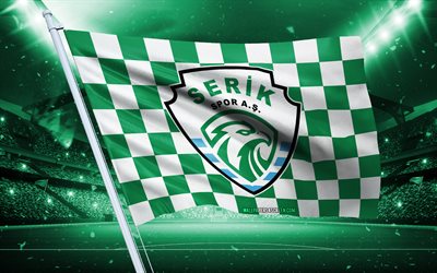 4k, logotipo do serikspor, clube de futebol turco, bandeira do estádio, bandeira dos torcedores do serikspor, bandeira branca verde, emblema do serikspor, tff 1 liga, peru, futebol, serikspor