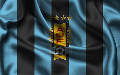 4k, Uruguay national football team logo, blue black silk fabric, Uruguay national football team emblem, Uruguay national football team, Uruguay, football, Uruguay national football team sign