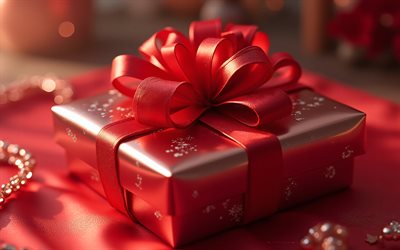 赤い光沢のある贈り物, 贈り物に赤い絹のリボン, 赤いギフトボックス, 贈り物にシルクのリボン, あけましておめでとう, 赤い絹の弓, ギフト
